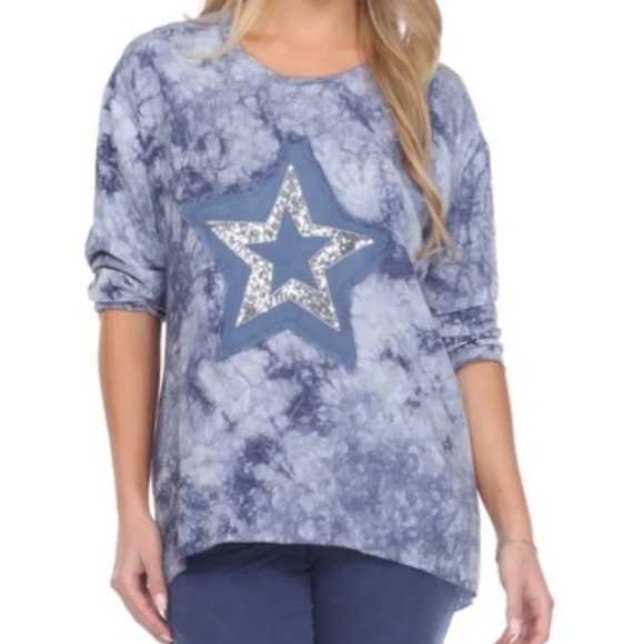 Blue Tie DYE FLORA ASHLEY LIGHTWEIGHT SUMMER BLOUSE Star SEQUINED long sleeve - Picture 1 of 8